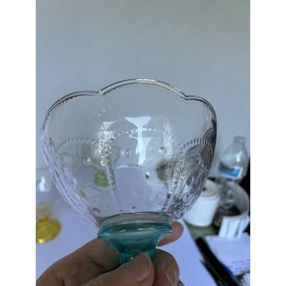 Vintage Indiana Glass Crown Kings Crown Footed Dessert Bowls Set 4 Colored Stems